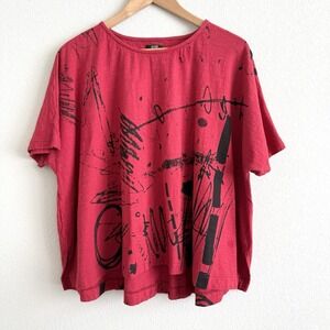 Moyuru Short Sleeve Cotton Shirt Womens Medium Red Black Artsy Travel Party Indi